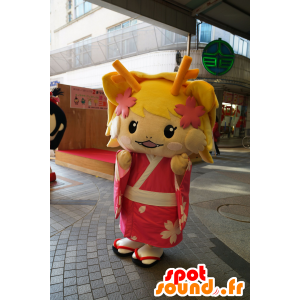 Mascot Tsu geinô blond jente kledd i rosa - MASFR25055 - Yuru-Chara japanske Mascots