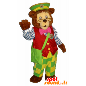 Brunbjörnmaskot, klädd i färgglad brevbäraranträde - Spotsound