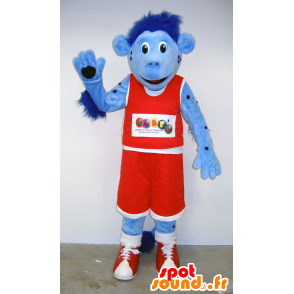 青い猿のマスコット、赤いバスケットボールの衣装-MASFR25061-日本のゆるキャラのマスコット