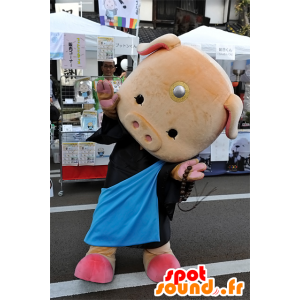 Mascotte de cochon rose, en tenue noire, mignon et rigolo - MASFR25069 - Mascottes Yuru-Chara Japonaises