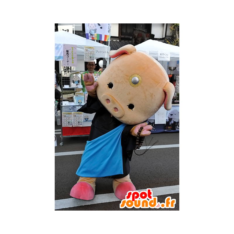 ピンクのブタのマスコット、黒の衣装で、キュートで面白い-MASFR25069-日本のゆるキャラのマスコット ピンクのブタのマスコット、黒の衣装で、キュートで面白い-MASFR25069-日本のゆるキャラのマスコット