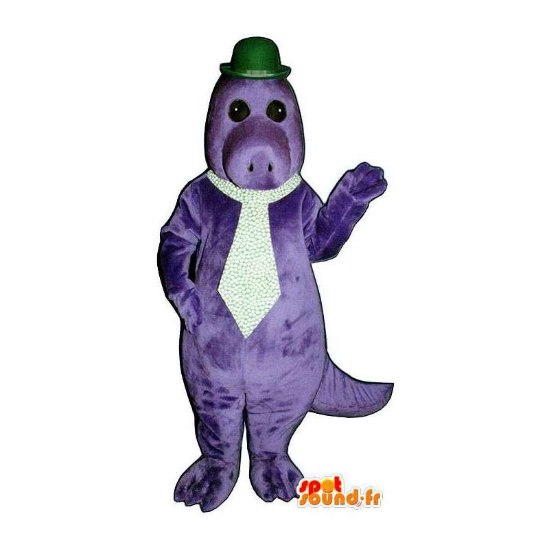 Mascotte del dinosauro viola con un cappello e cravatta - MASFR006717 - Dinosauro mascotte