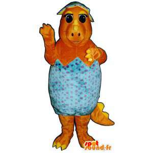 Mascotte arancione dinosauro in un guscio d'uovo blu - MASFR006718 - Mascotte di galline pollo gallo