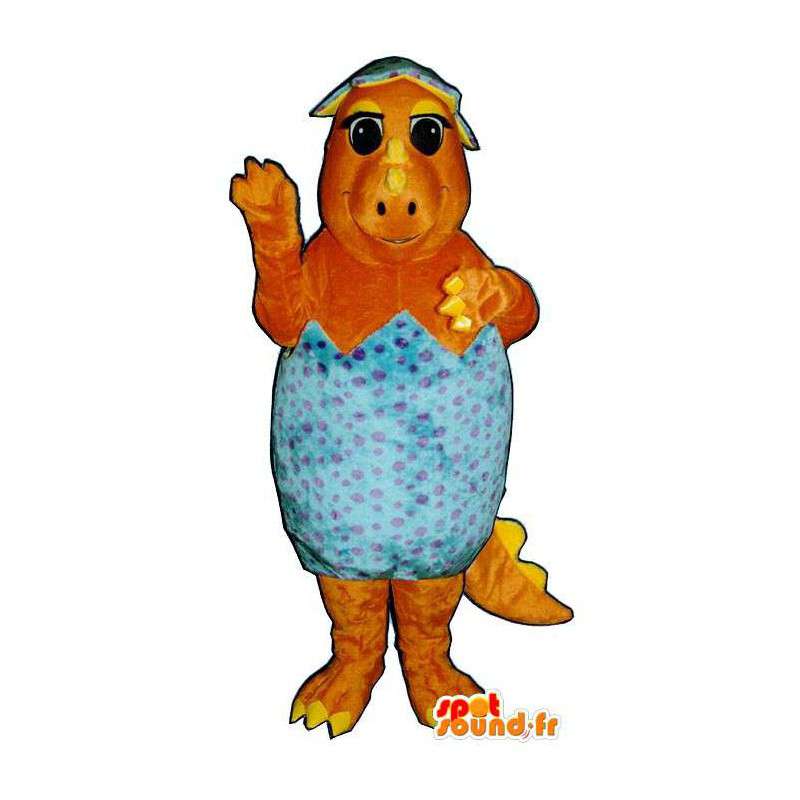 Mascotte arancione dinosauro in un guscio d'uovo blu - MASFR006718 - Mascotte di galline pollo gallo