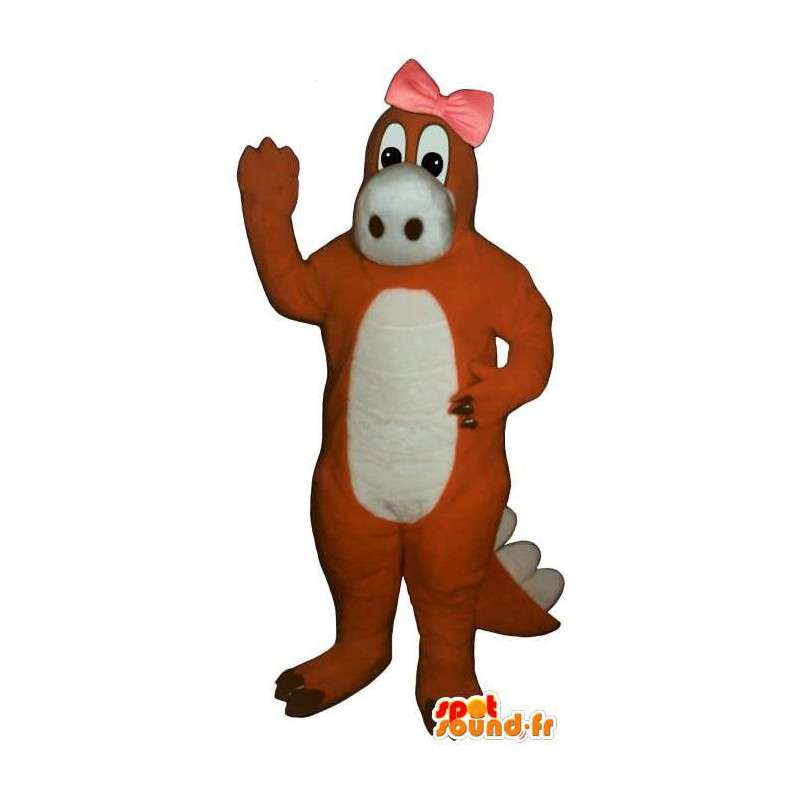 Orange Dinosaurier-Maskottchen mit einem Knoten auf dem Kopf - MASFR006721 - Maskottchen-Dinosaurier