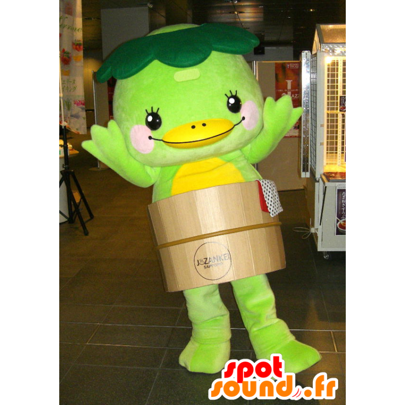 Verde e giallo anatra mascotte in una botte - MASFR25102 - Yuru-Chara mascotte giapponese