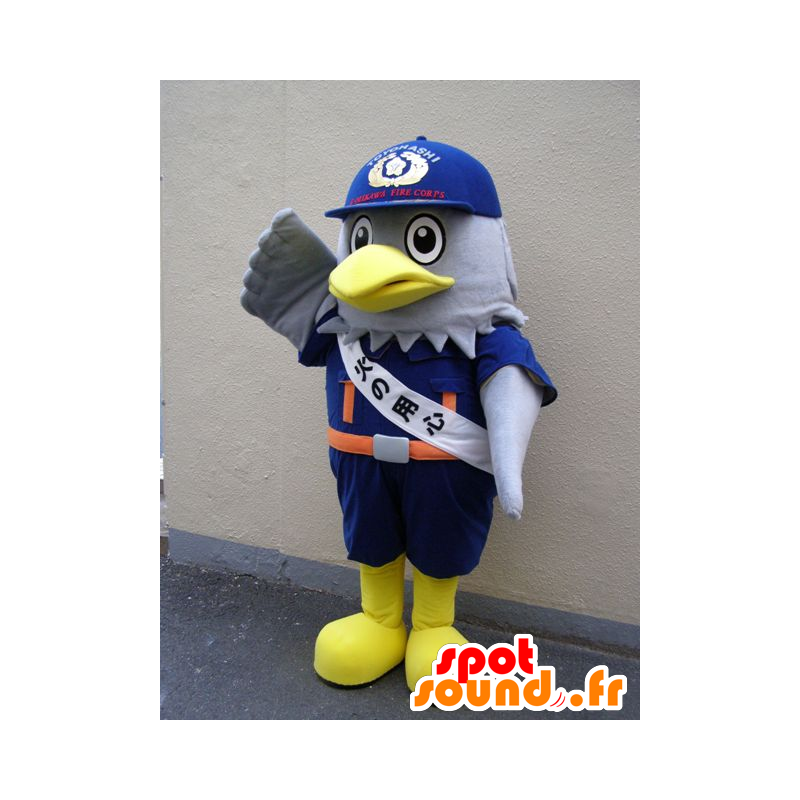 Mascotte de Watt-kun, aigle gris, en uniforme bleu de Toyohashi - MASFR25106 - Mascottes Yuru-Chara Japonaises