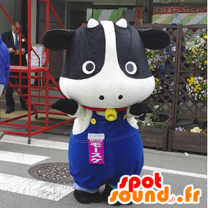 Mascot av svart og hvit ku i kjeledress - MASFR25109 - Yuru-Chara japanske Mascots