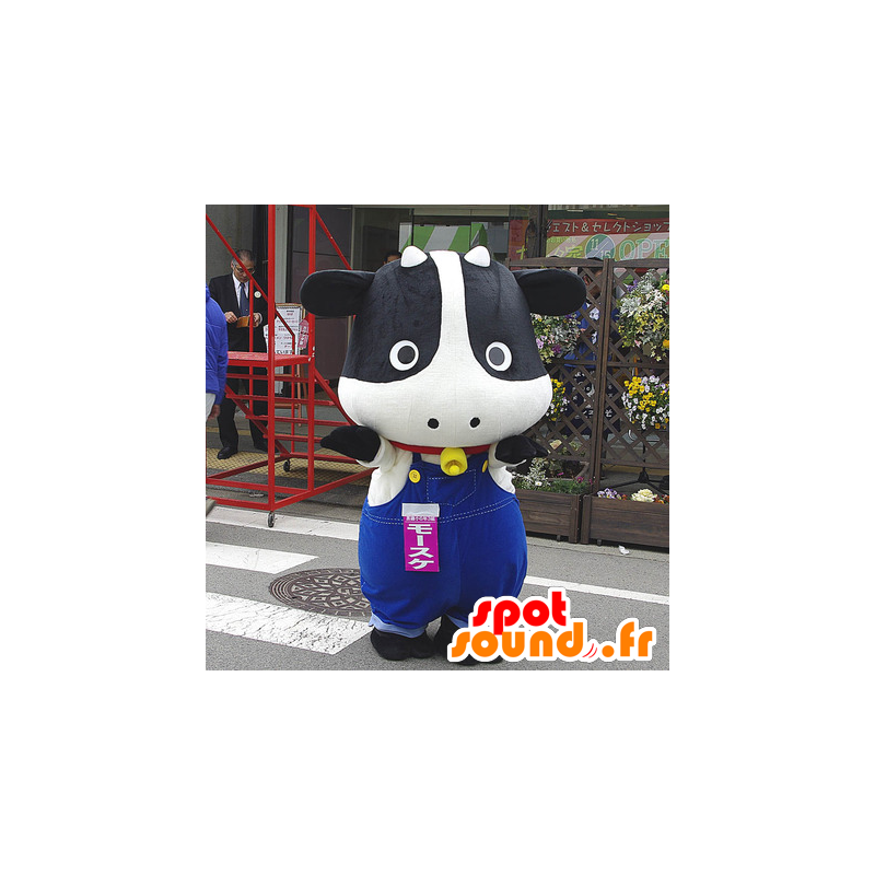 Mascote da vaca preto e branco em macacões de - MASFR25109 - Yuru-Chara Mascotes japoneses