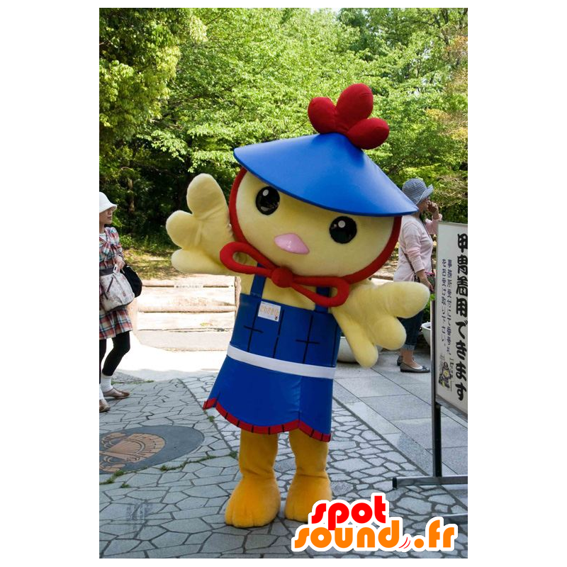 Mascot gelben Vogel, Küken, Kanarienvogel blauen Outfit - MASFR25110 - Yuru-Chara japanischen Maskottchen
