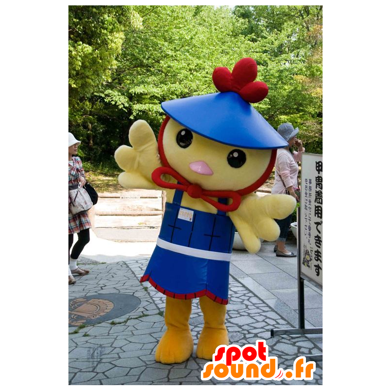 Mascot gele vogel, kuiken, kanarie blauwe uitrusting - MASFR25110 - Yuru-Chara Japanse Mascottes