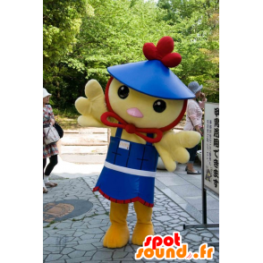 Mascot gelben Vogel, Küken, Kanarienvogel blauen Outfit - MASFR25110 - Yuru-Chara japanischen Maskottchen