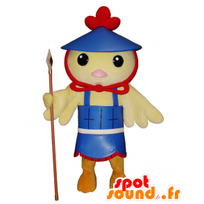 Mascot pássaro amarelo, pintinho, roupa azul canário - MASFR25110 - Yuru-Chara Mascotes japoneses
