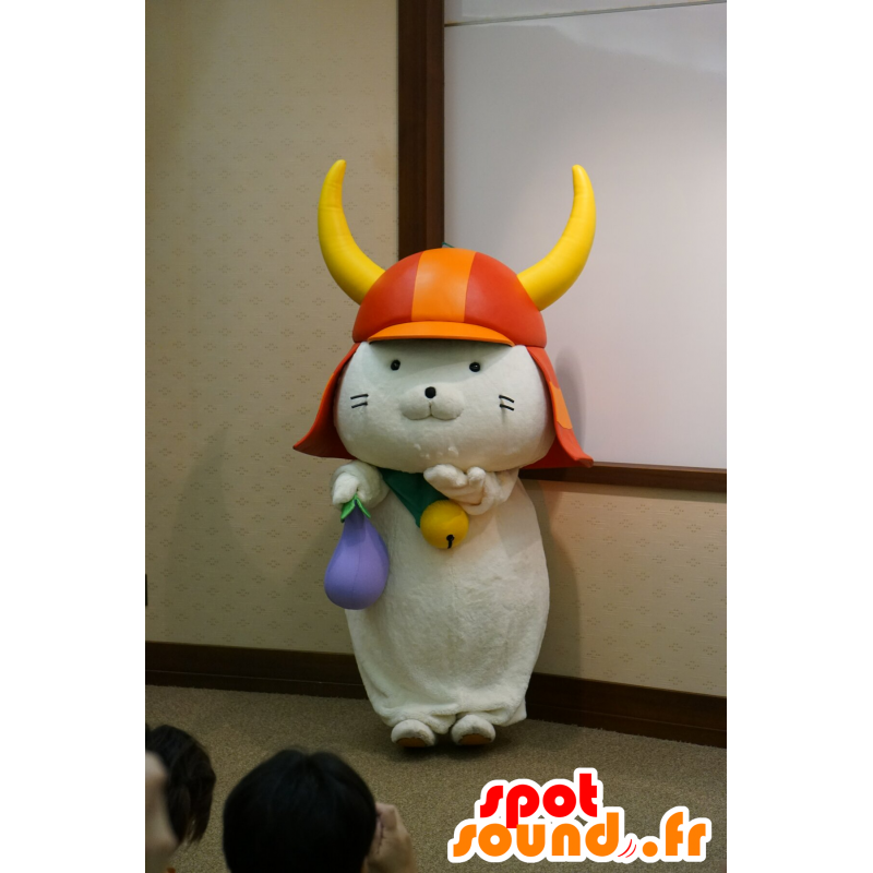 Mascotte d'Hikonyan, chat samouraï blanc, avec un casque - MASFR25114 - Mascottes Yuru-Chara Japonaises