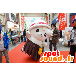 Bílý pes maskot s hnědou sukni a klobouk - MASFR25115 - Yuru-Chara japonské Maskoti