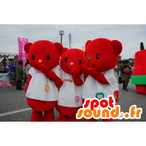 3 mascots red teddy dressed in white - MASFR25116 - Yuru-Chara Japanese mascots