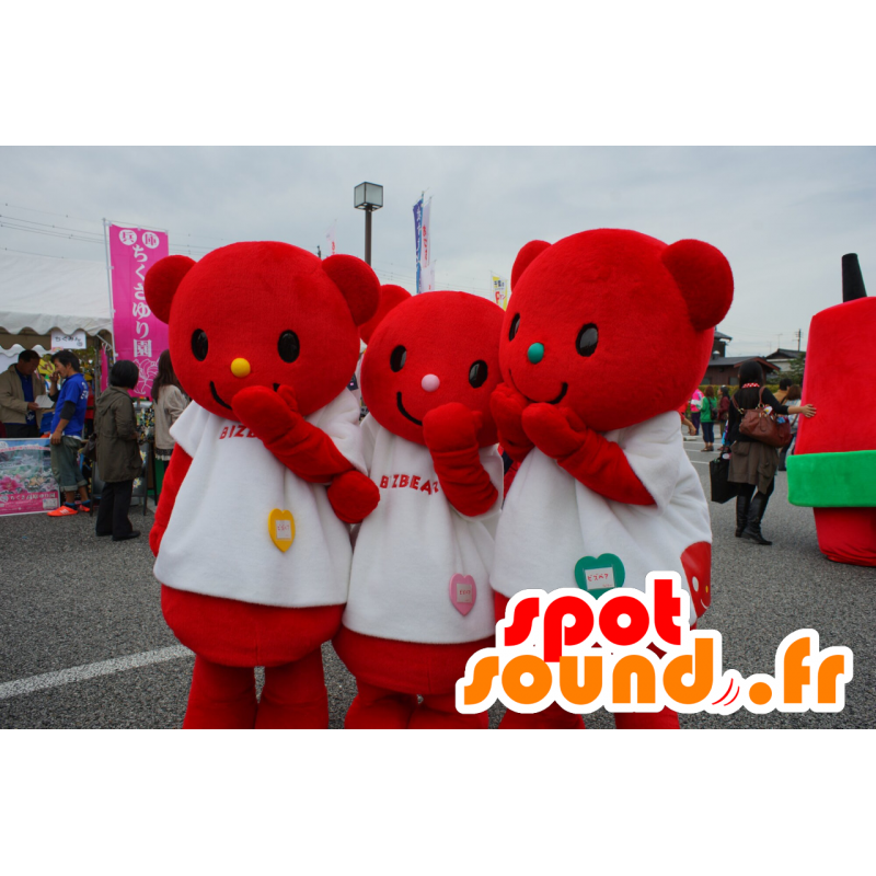 3 mascots red teddy dressed in white - MASFR25116 - Yuru-Chara Japanese mascots