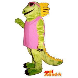 Mascotte de dinosaure vert et jaune avec des lunettes roses - MASFR006724 - Mascottes Dinosaure