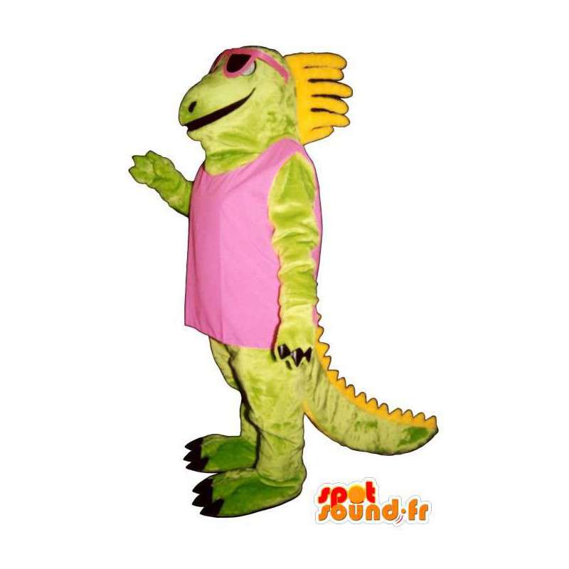 Grön och gul dinosaurimaskot med rosa glasögon - Spotsound