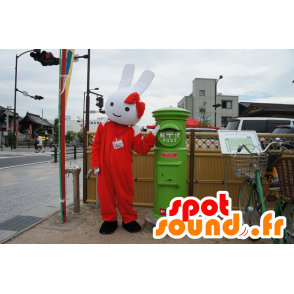 White Rabbit mascotte met een rode combinatie - MASFR25122 - Yuru-Chara Japanse Mascottes