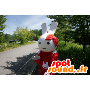Hvid kaninmaskot med en rød kombination - Spotsound maskot