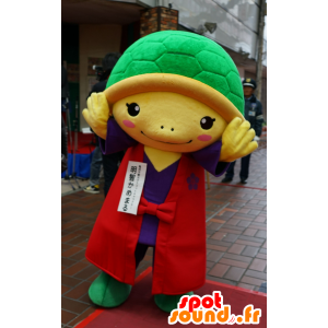 Mascot yellow and green turtle, red dress and purple - MASFR25123 - Yuru-Chara Japanese mascots