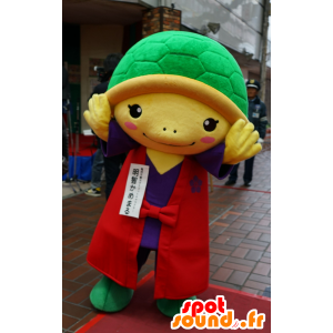 Mascotte de tortue jaune et verte, en tenue rouge et violette - MASFR25123 - Mascottes Yuru-Chara Japonaises