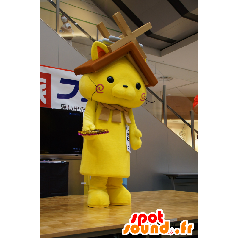 Maskot Shimanekko, žlutá kočka, s střechu nad hlavou - MASFR25126 - Yuru-Chara japonské Maskoti