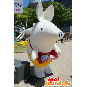 Mascotte de cochon blanc, avec un tablier jaune - MASFR25130 - Mascottes Yuru-Chara Japonaises
