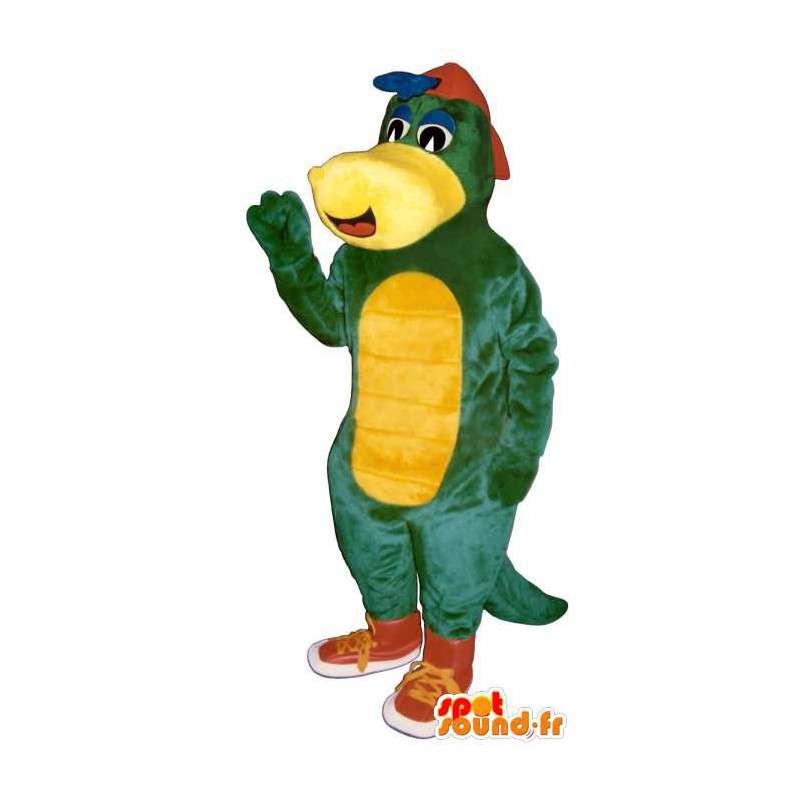 Grøn og gul dinosaur maskot med røde sneakers - Spotsound