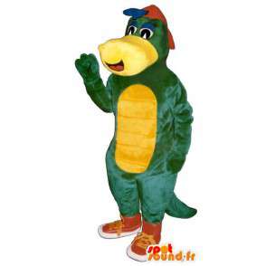 Mascotte de dinosaure vert et jaune avec des baskets rouges - MASFR006727 - Mascottes Dinosaure