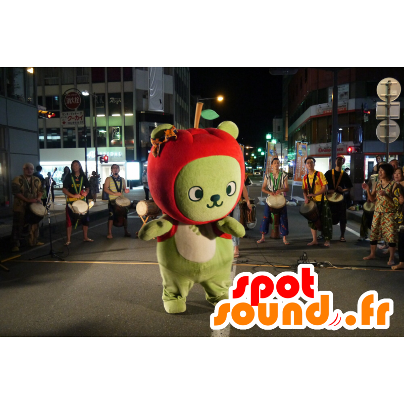 Mascot Arukuma, groene beer, met een appel op het hoofd - MASFR25153 - Yuru-Chara Japanse Mascottes