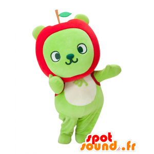 Arukuma maskot, grön björn, med ett äpple på huvudet -