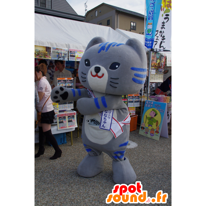 Μασκότ γκρι και μπλε γάτα με ένα μεγάλο κεφάλι - MASFR25158 - Yuru-Χαρά ιαπωνική Μασκότ