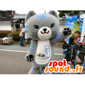 Grå och blå kattmaskot, med stort huvud - Spotsound maskot