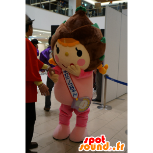 Mascotte de fille habillée en rose, avec une pomme de pin marron - MASFR25164 - Mascottes Yuru-Chara Japonaises