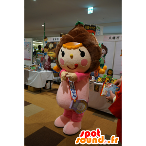 Jente maskot kledd i rosa med et eple brun furu - MASFR25164 - Yuru-Chara japanske Mascots