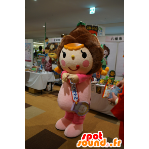 Mascotte de fille habillée en rose, avec une pomme de pin marron - MASFR25164 - Mascottes Yuru-Chara Japonaises