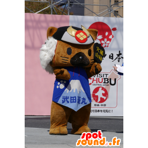 Brun katt maskot med hvitt hår og en hjelm - MASFR25165 - Yuru-Chara japanske Mascots