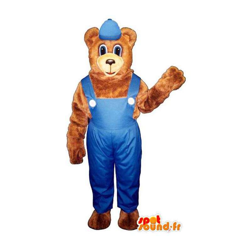 Brun bjørnemaskot i blå overall - Spotsound maskot kostume