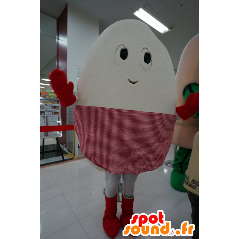 Uovo Mascotte gigante bianco e rosso con un grembiule a scacchi - MASFR25177 - Yuru-Chara mascotte giapponese