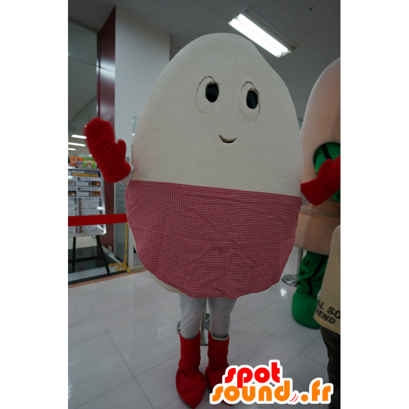 Mascot ovo gigante branco e vermelho com um avental checkered - MASFR25177 - Yuru-Chara Mascotes japoneses