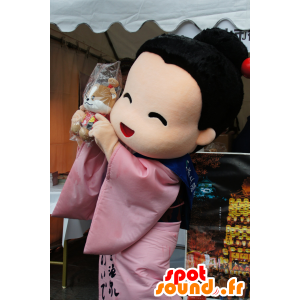 Mascot donna asiatica in rosa tradizionale e cappotto blu - MASFR25178 - Yuru-Chara mascotte giapponese