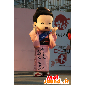 Mascot mujer asiática en rosa tradicional y capa azul - MASFR25178 - Yuru-Chara mascotas japonesas