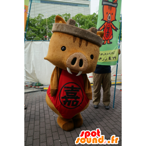 Mascotte de sanglier marron, avec une tenue rouge - MASFR25179 - Mascottes Yuru-Chara Japonaises