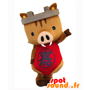 Mascotte de sanglier marron, avec une tenue rouge - MASFR25179 - Mascottes Yuru-Chara Japonaises