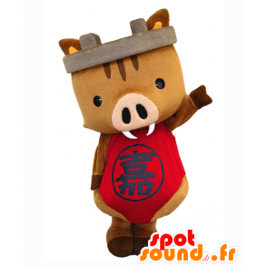 Brown cinghiale mascotte con un abito rosso - MASFR25179 - Yuru-Chara mascotte giapponese