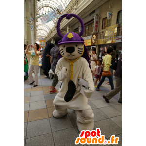 Mascot beige and brown tiger with a purple helmet - MASFR25198 - Yuru-Chara Japanese mascots