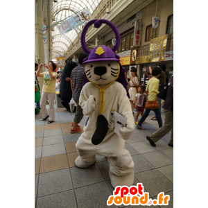 Beige e marrone mascotte tigre con un casco viola - MASFR25198 - Yuru-Chara mascotte giapponese