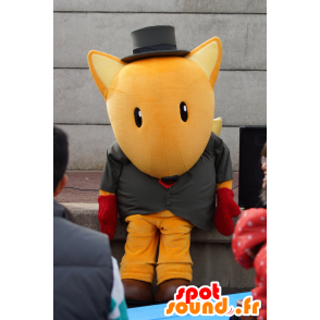 Mascote fox laranja, de terno e gravata, com um chapéu - MASFR25202 - Yuru-Chara Mascotes japoneses